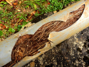 Split pipe with tree roots inside.